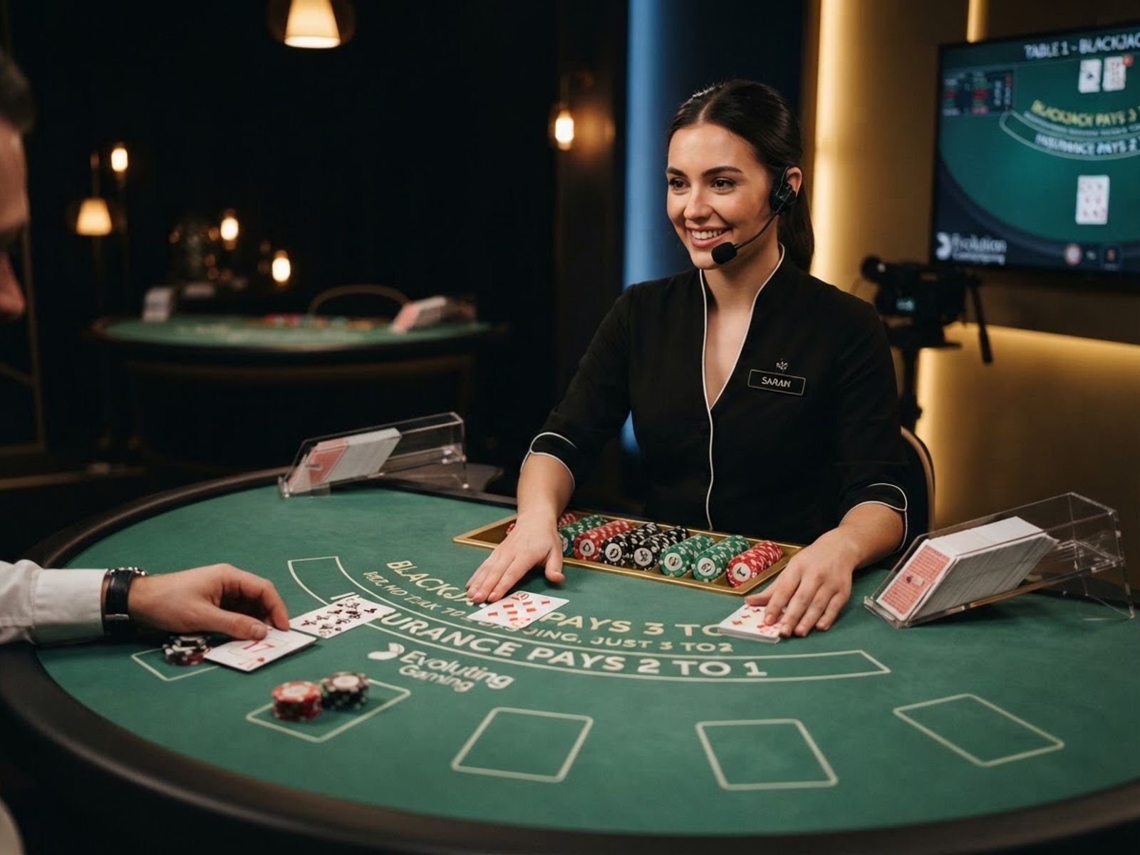 Table de blackjack en direct avec cartes et jetons