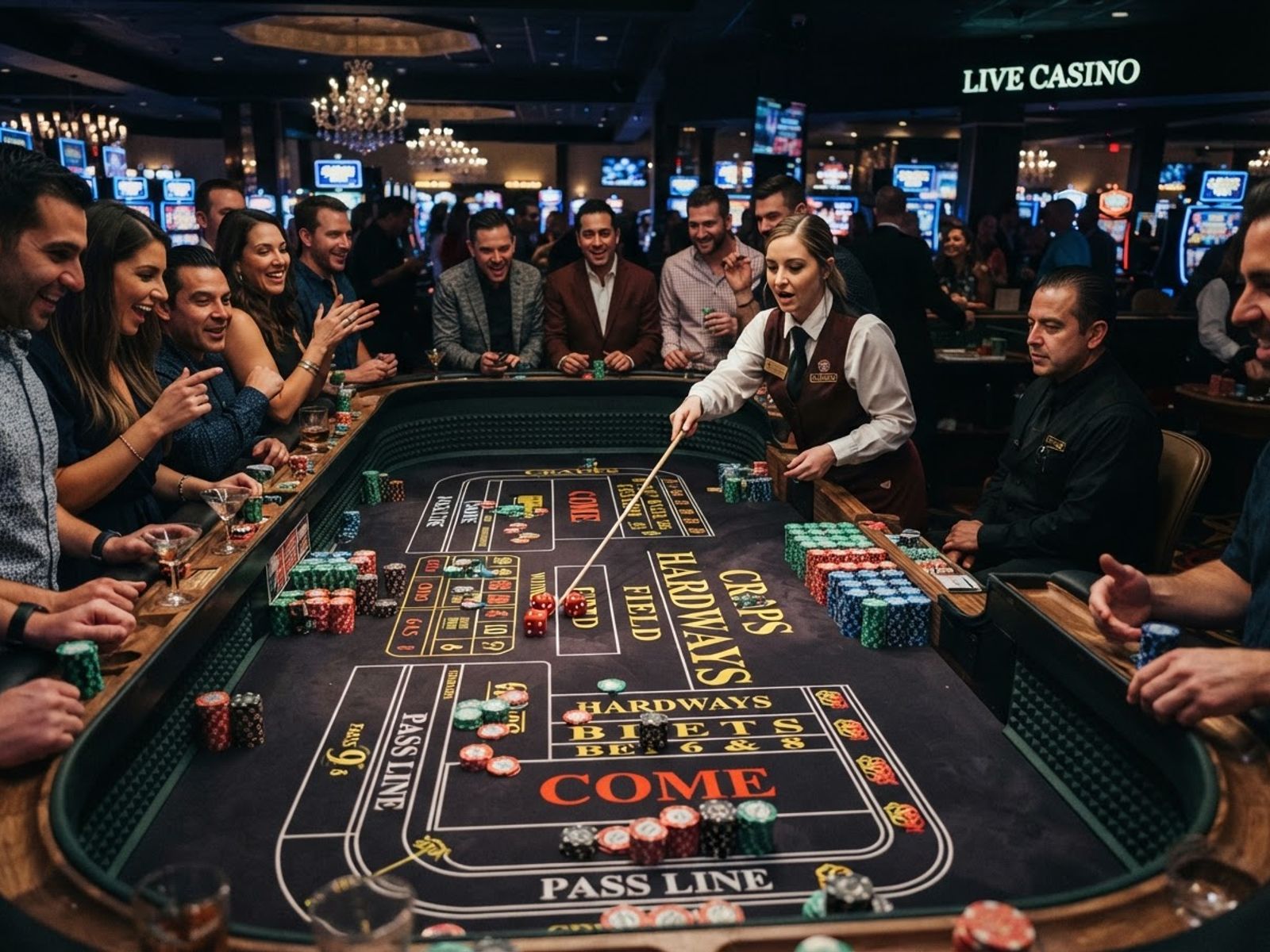 Table de craps en direct avec dés et jetons