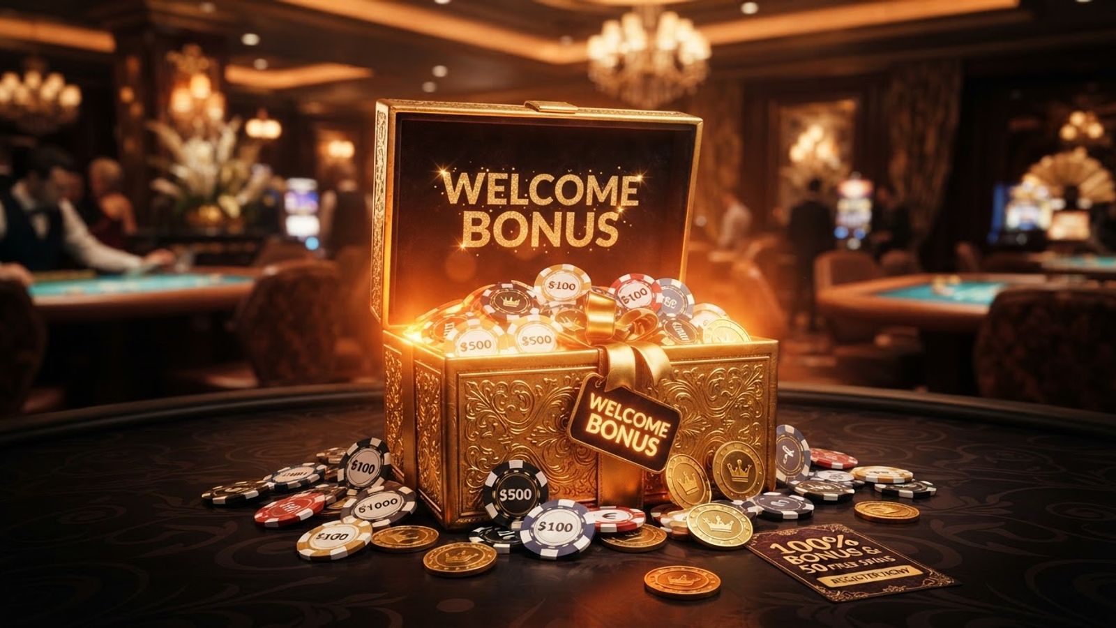Bonus de bienvenue cadeau doré avec jetons de casino
