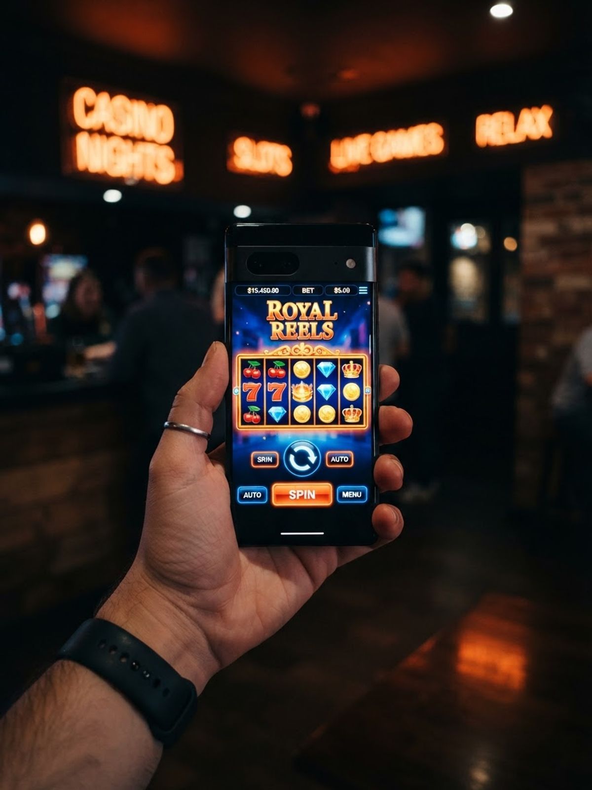 Application mobile casino sur smartphone en usage nocturne