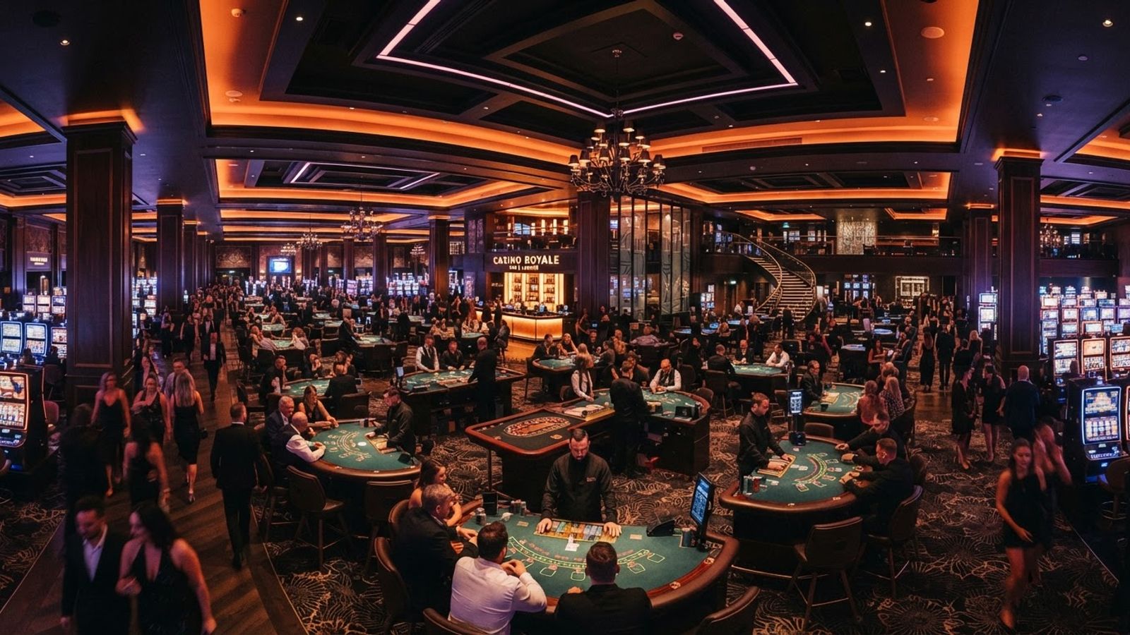 Salle de casino moderne avec tables de jeu éclairées