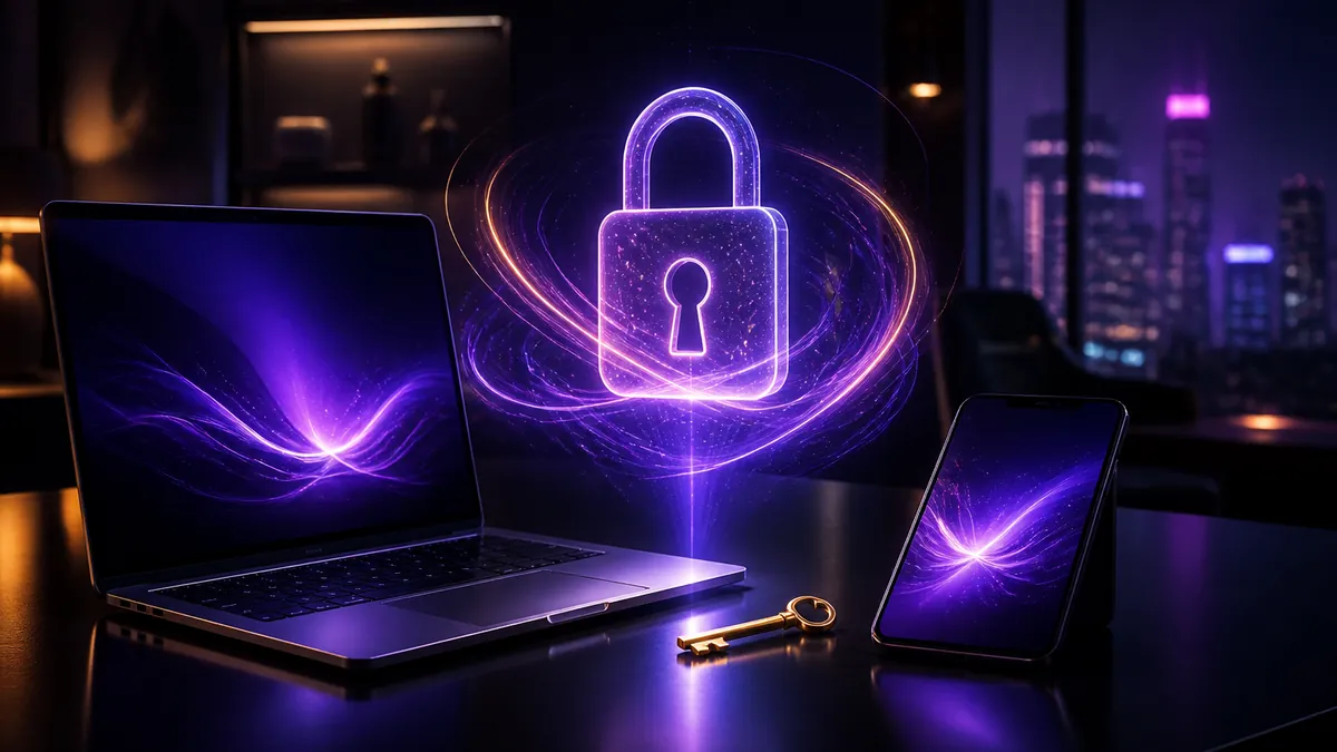 Ordinateur portable et smartphone éclairés de violet avec une clé dorée posée entre les deux