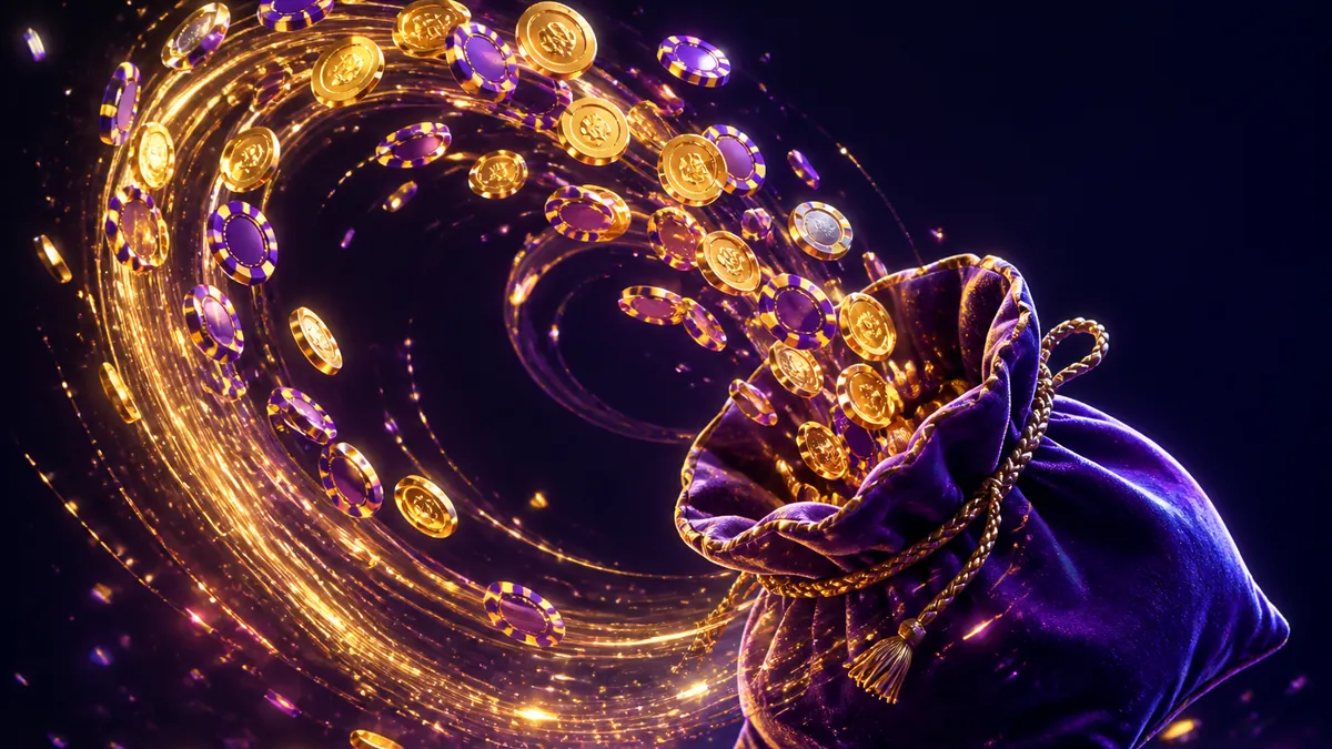 Spirale de pièces dorées et de jetons violets revenant vers une bourse de velours