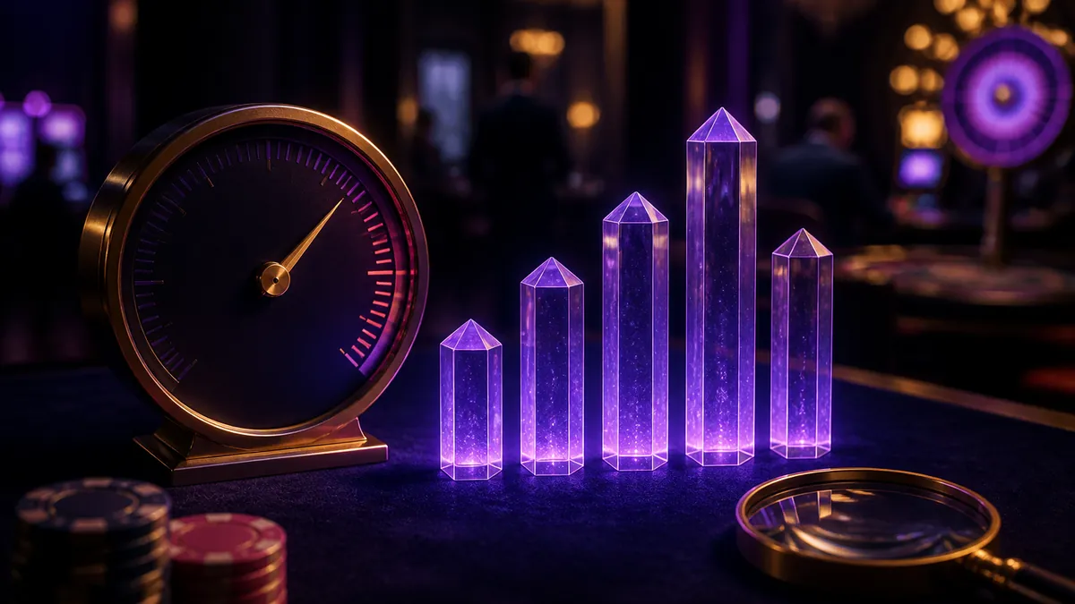 Cadran de mesure doré et barres de cristal violettes sur une table de casino