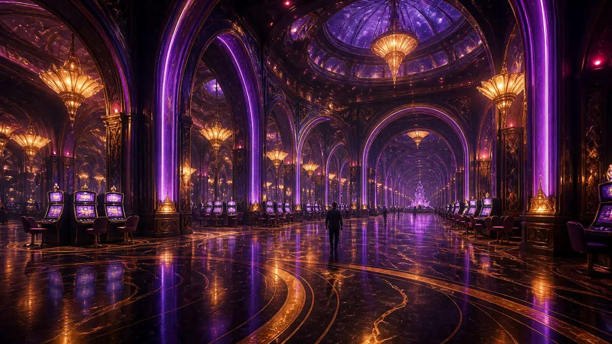 Grand hall de casino aux arches violettes et aux lustres dorés