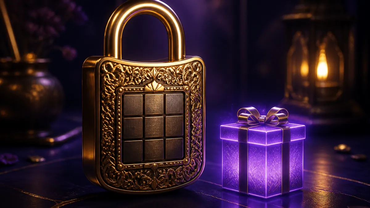 Cadenas doré à clavier posé à côté d'un petit coffret cadeau violet lumineux