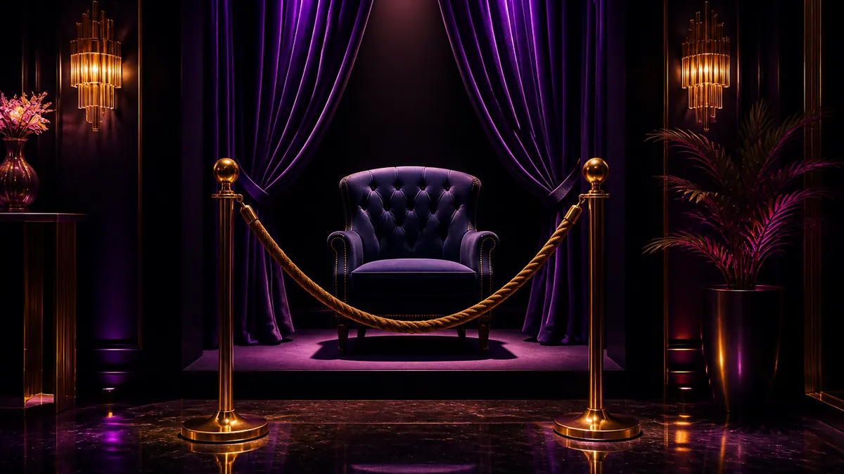 Entrée de salon privé avec cordon de velours doré et fauteuil sous un projecteur
