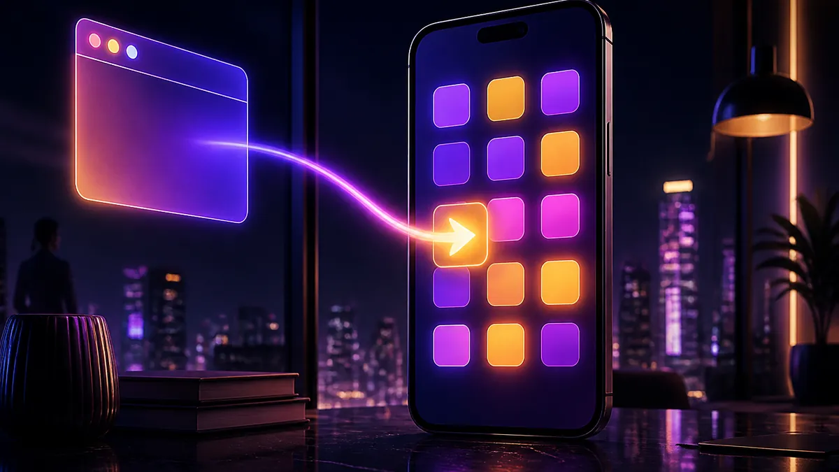 Smartphone dont l'écran affiche des icônes violettes et dorées, une flèche lumineuse venant d'une fenêtre de navigateur