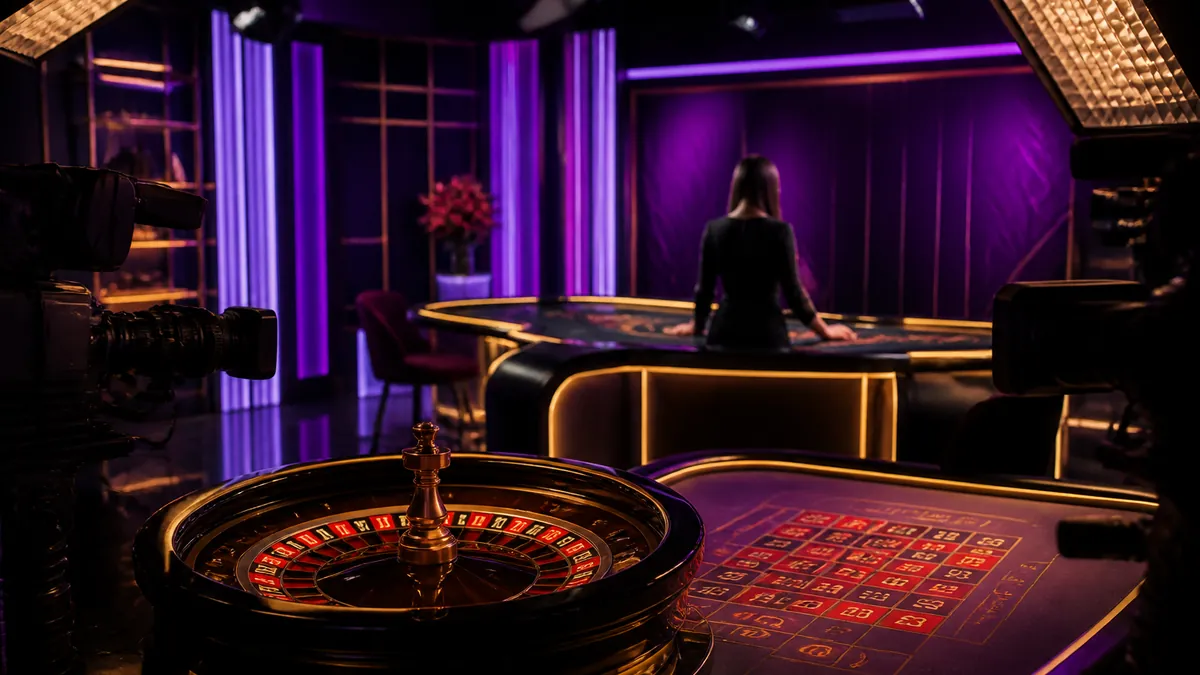 Studio de casino en direct avec table de roulette, table de blackjack et caméras