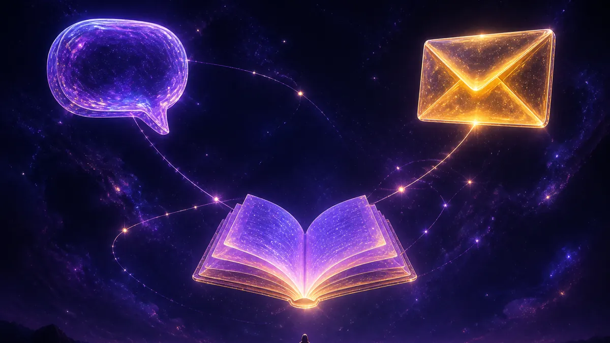 Bulle de discussion violette, enveloppe dorée et livre lumineux reliés par des fils de lumière